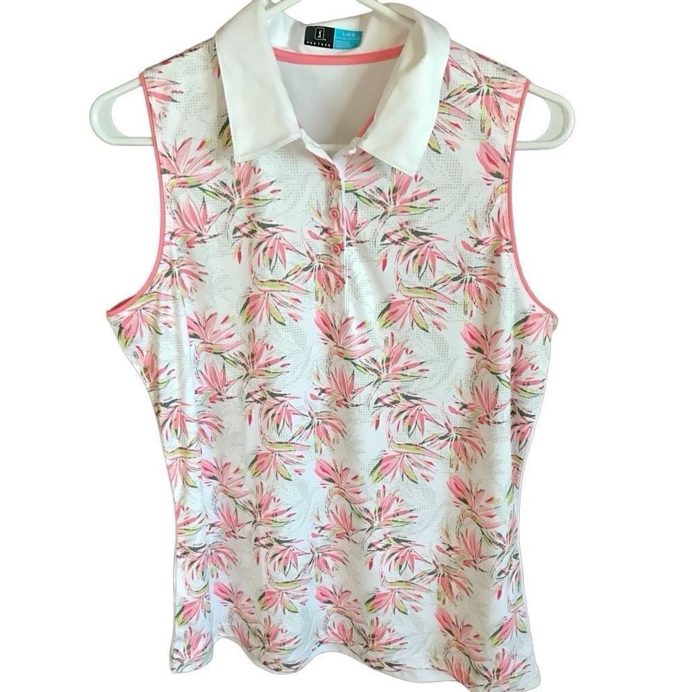 PGA tour Golf sleeveless top shirt Size Large pink floral tropical collar